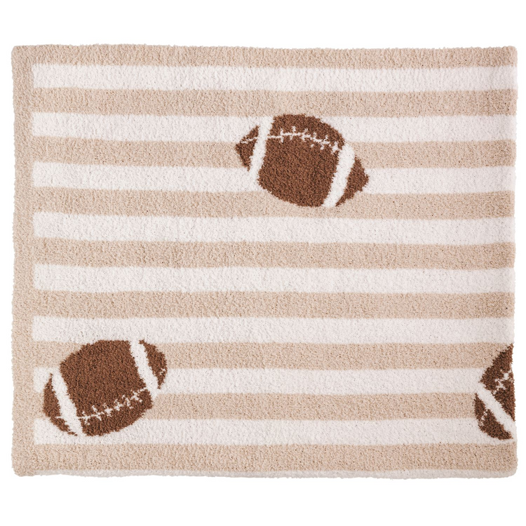 Tan and white striped chenille knit blanket featuring brown football patterns.