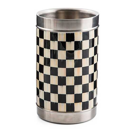 Cylindrical stainless steel wine cooler with a black and white checkered enamel pattern.