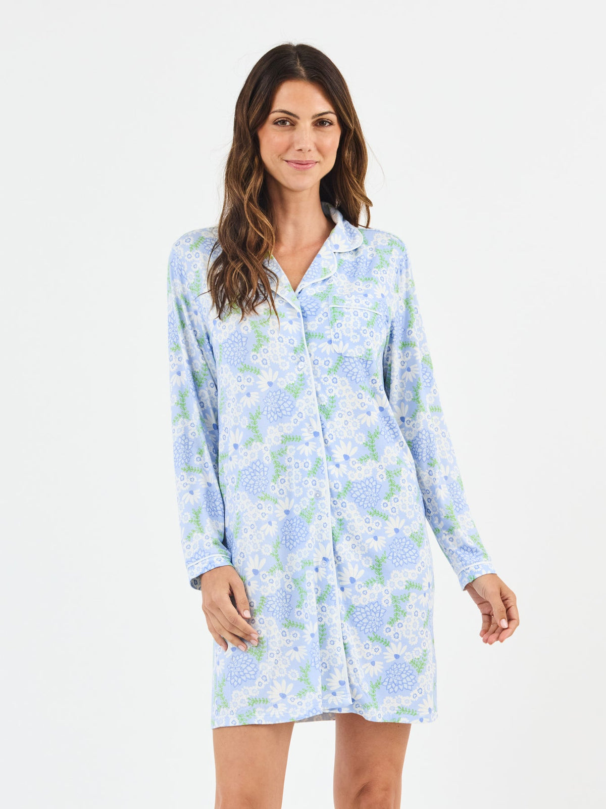 Women's Charlotte nightshirt in light blue LuxBlend fabric with long sleeves, button front, collar, and straight flowy silhouette.