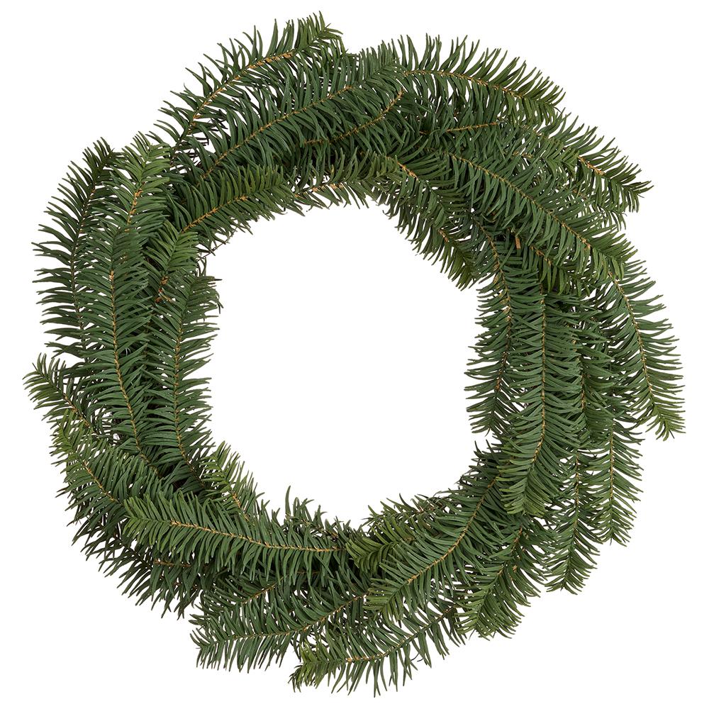 24-inch green yew pine wreath with lush artificial needles on a white background.