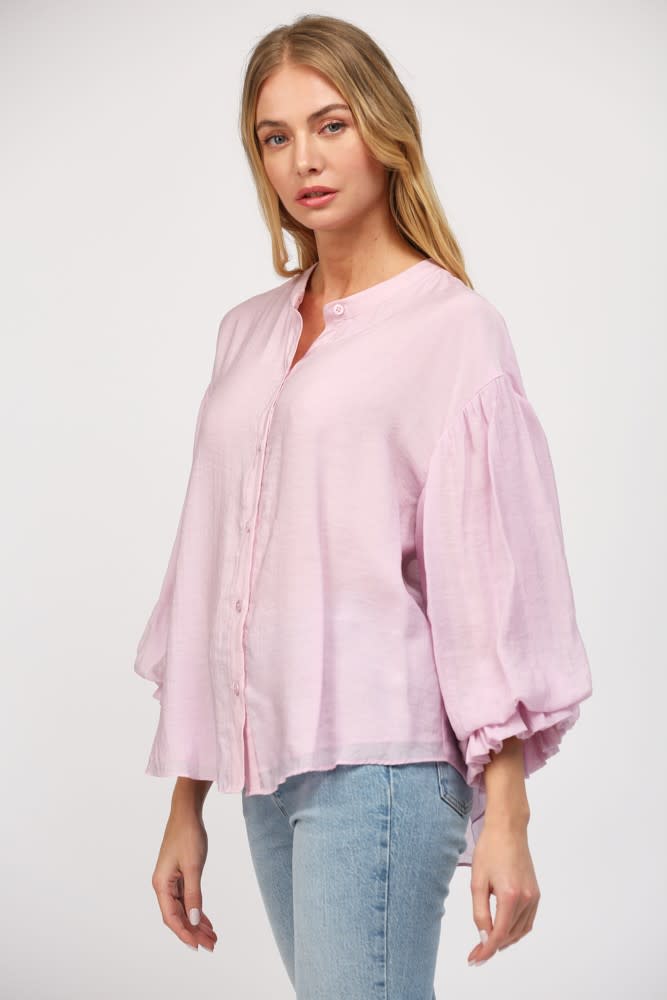 Diana button-down shirt in navy rayon-nylon blend featuring puff sleeves.