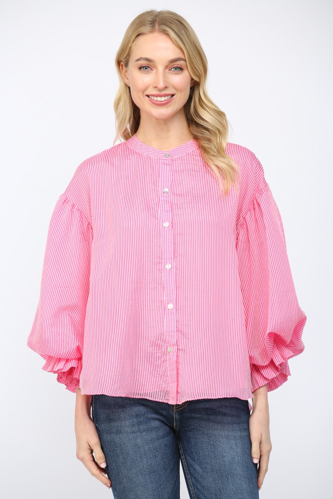 Sophie pinstripe blouse in navy rayon-nylon blend with voluminous bubble sleeves and a relaxed silhouette.