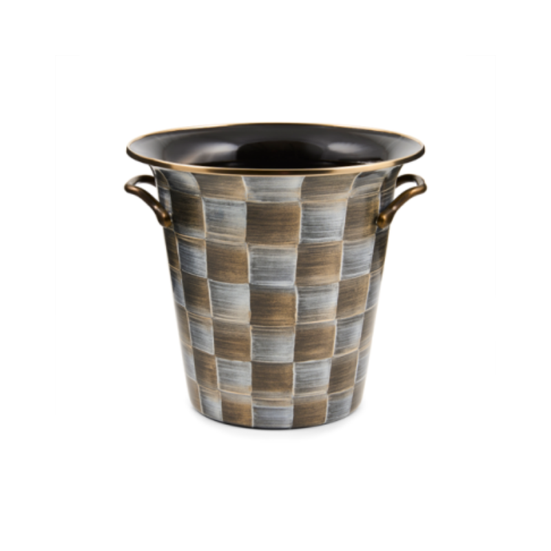 Sophisticheck Wine Cooler with hand-painted checkered pattern, bronzed rim, and brass handles.