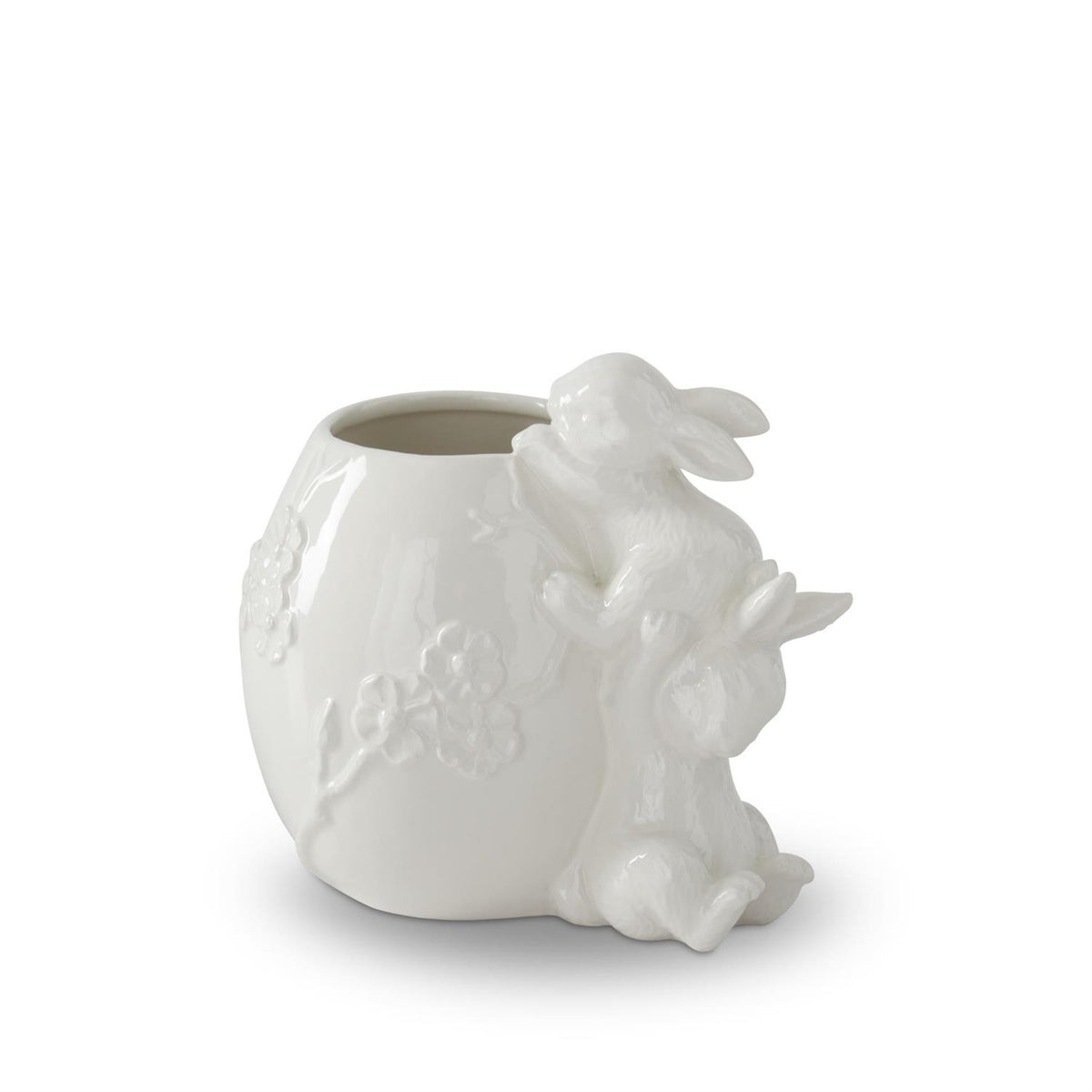 White dolomite ceramic egg container with flower embossing and two bunny figures