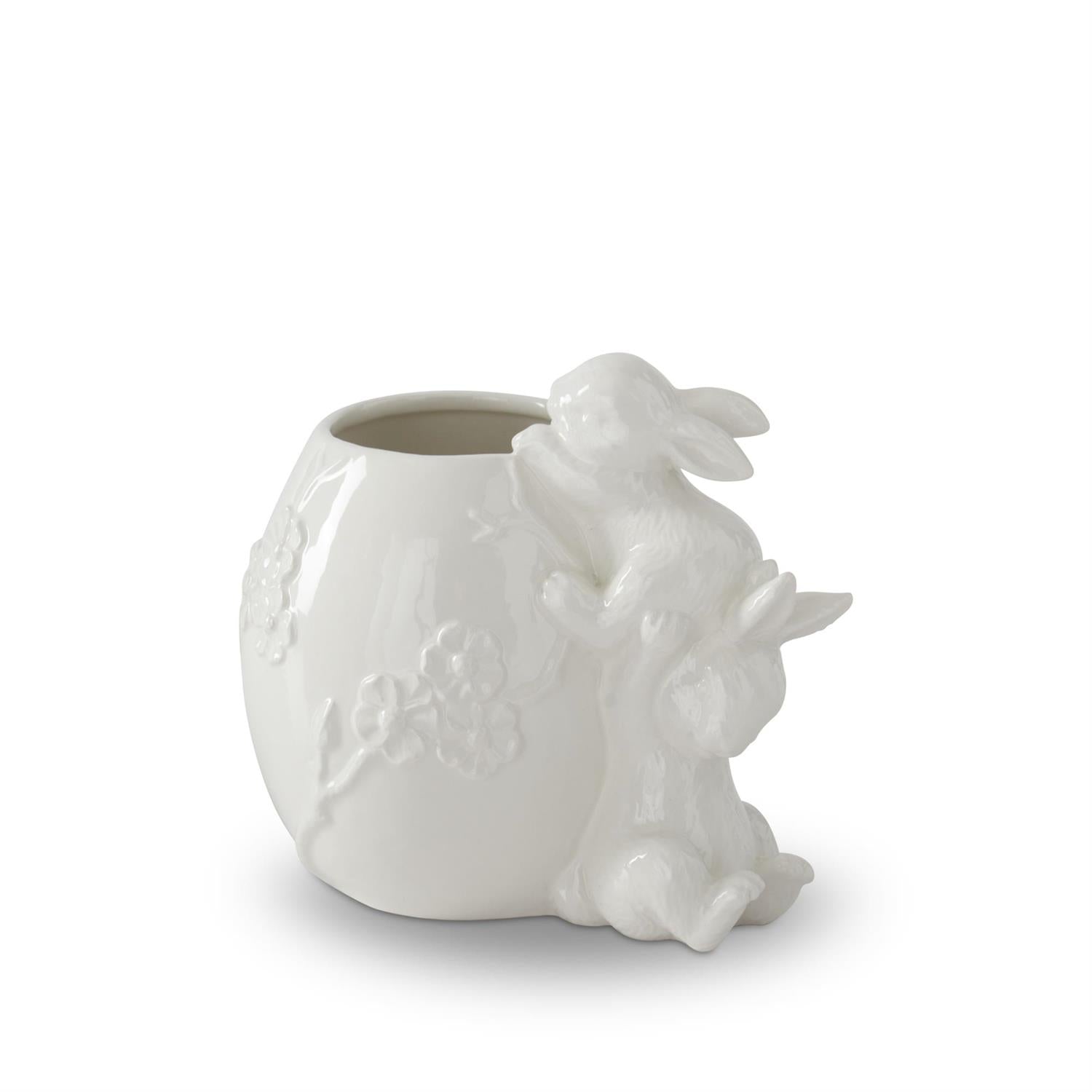 White dolomite ceramic egg container with flower embossing and two bunny figures