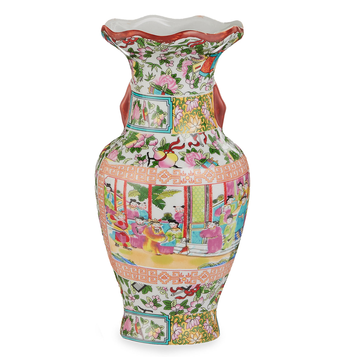 Twelve-inch clay vase with a citrus grove motif featuring green leaves and orange fruits on an earthy background.