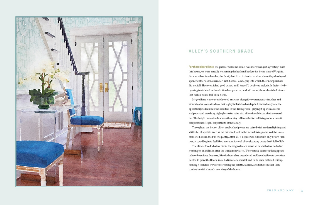 Open book titled Southern Sensibility showing a watercolor illustration of a foyer and text.