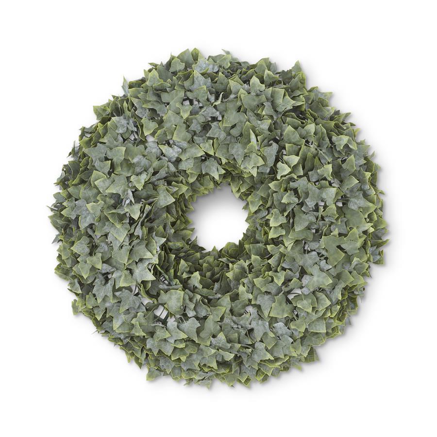 A round artificial English ivy wreath with green plastic leaves measuring 22 inches in diameter.