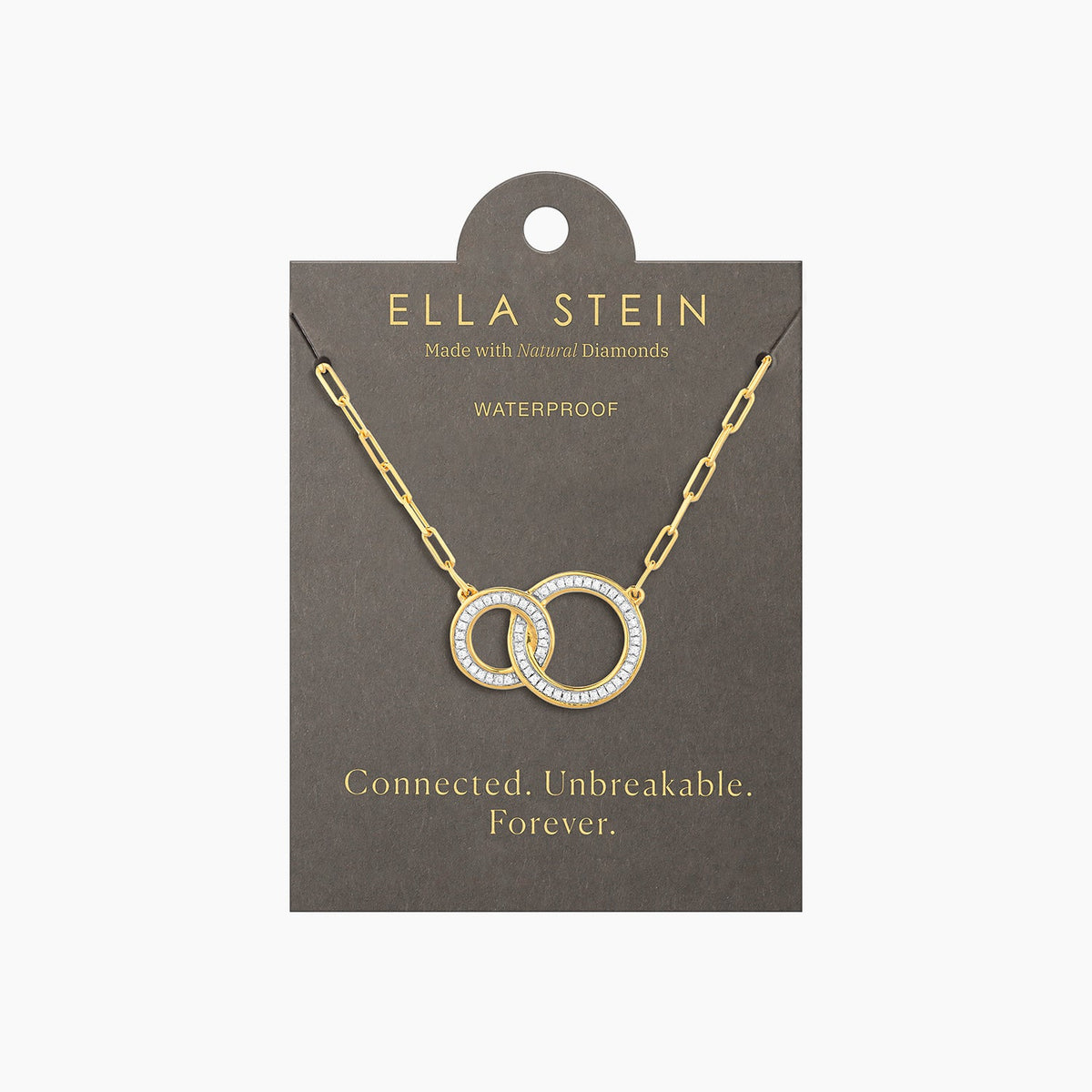 Waterproof stainless steel pendant necklace with gold-plated finish featuring two linked circle designs and a lobster clasp.