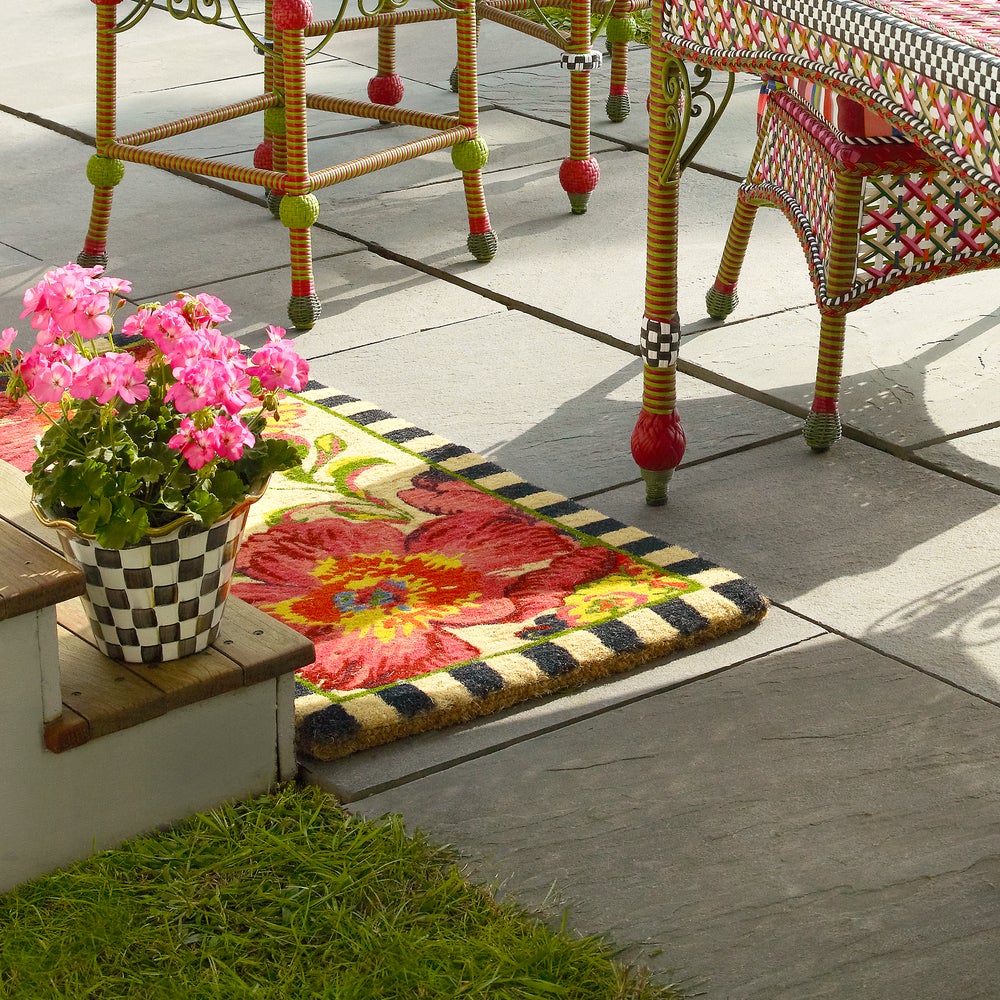 Flower Market Double Door Entrance Mat with a large red floral design and black and white border.