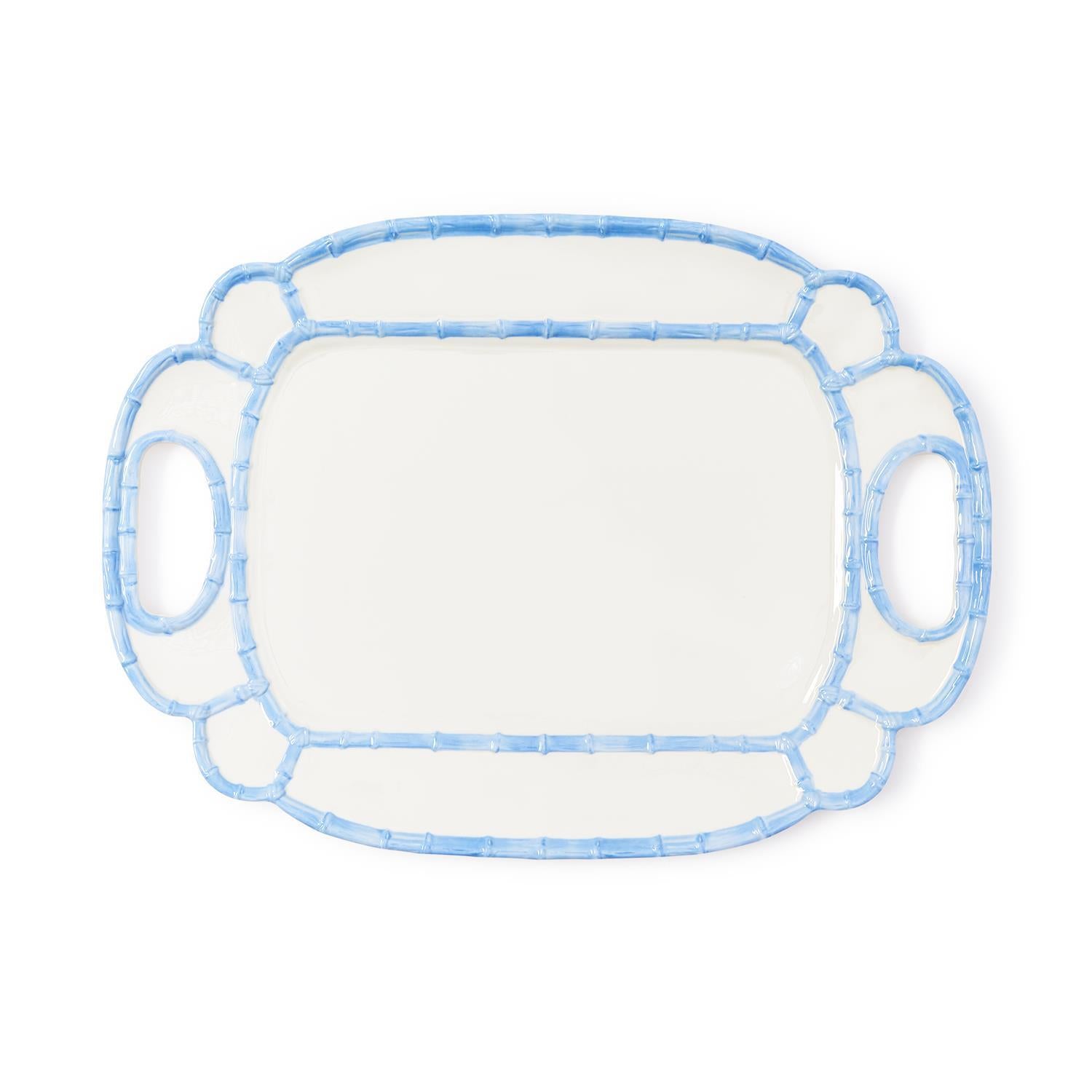 White melamine platter with a French blue bamboo-style rim and integrated side handles.