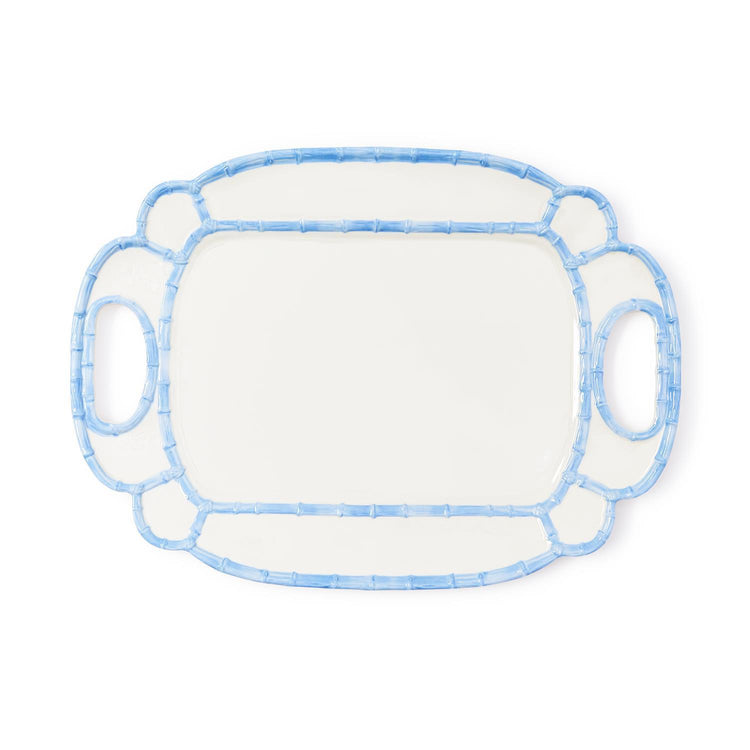 White melamine platter with a French blue bamboo-style rim and integrated side handles.