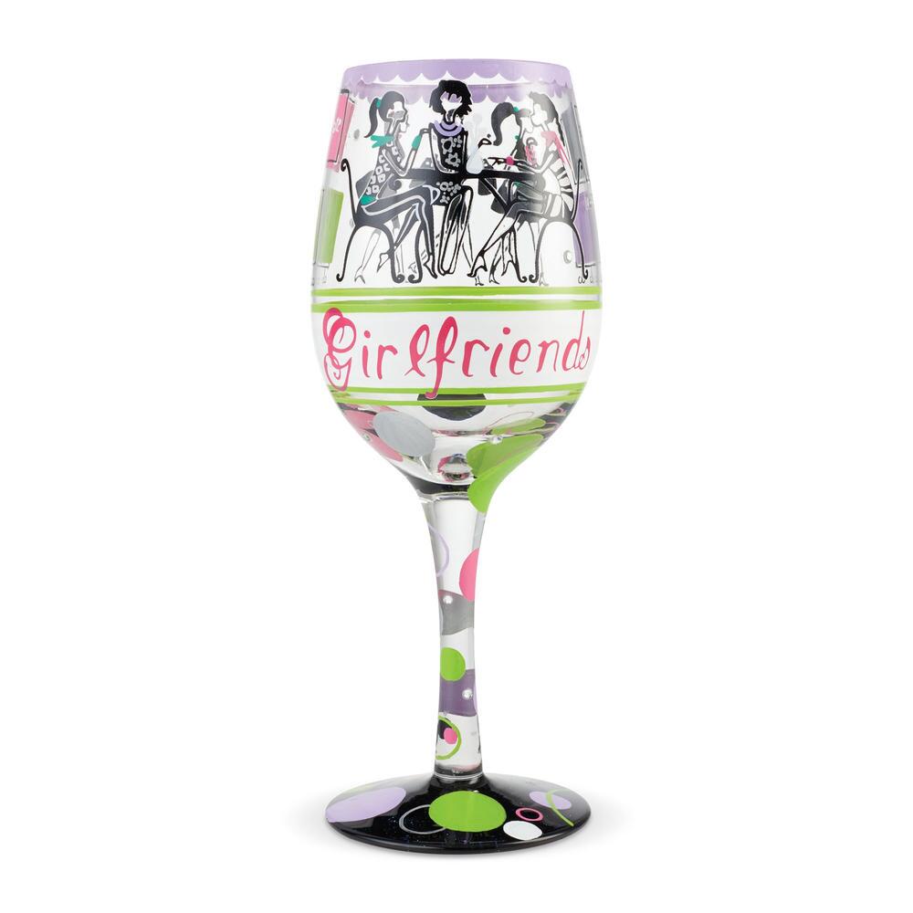 Blown glass wine glass with hand-painted floral designs, glitter accents, and a cocktail recipe printed on the base.