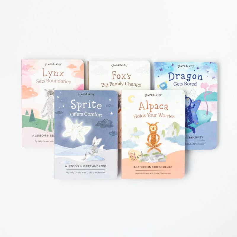 Slumberkins A Lesson in Resilience 5 Book Set featuring Lynx, Fox, Dragon, Sprite, and Alpaca.