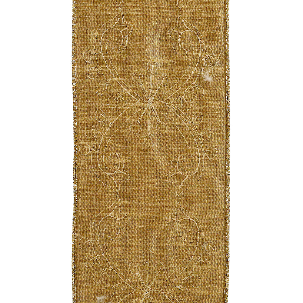 Dubai gold sequin wired edge ribbon with intricate embroidered floral and scroll patterns.