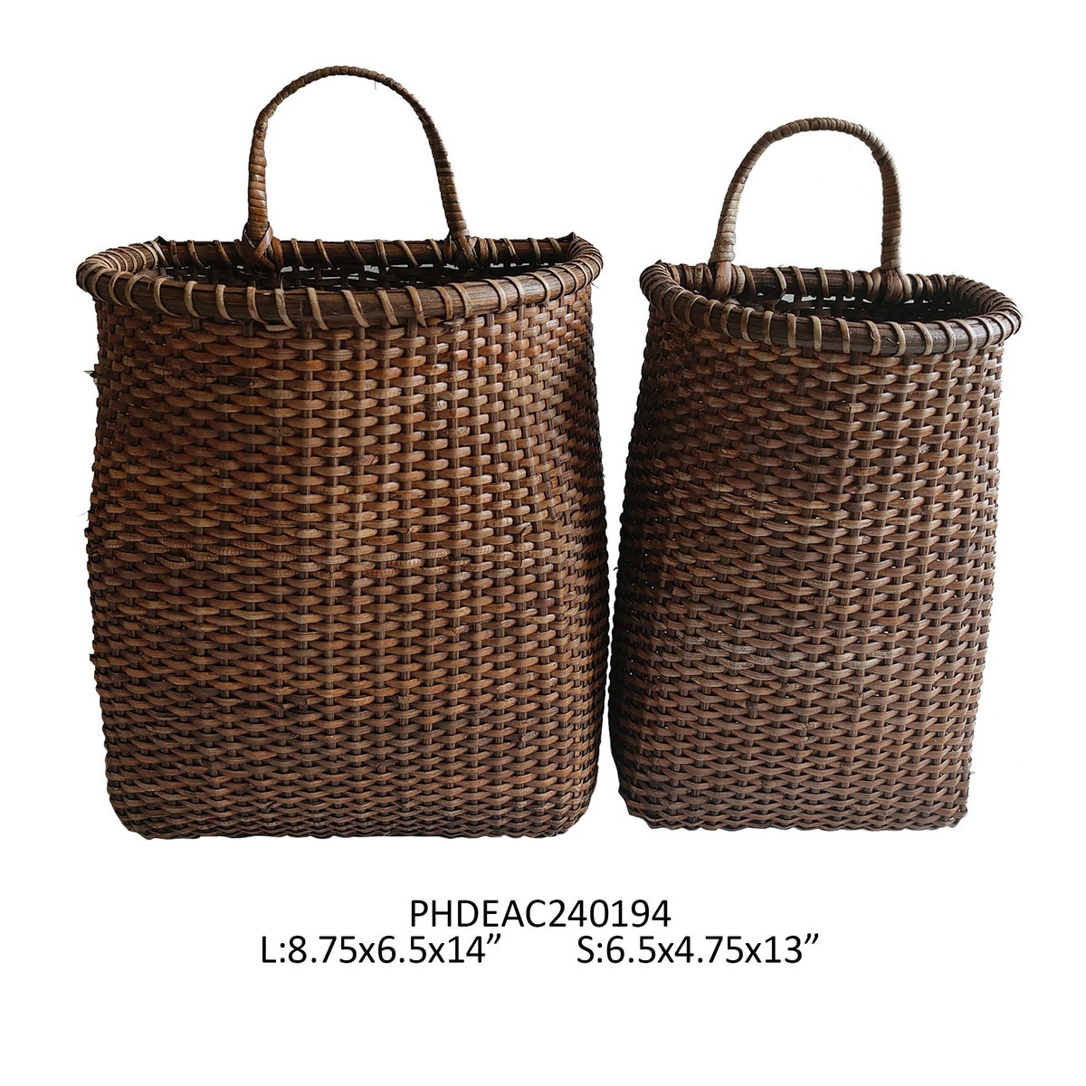 Two brown woven rattan baskets with handles, one larger than the other, displayed side-by-side.