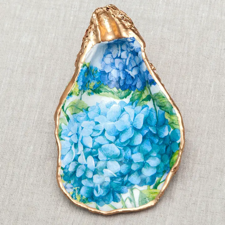 Blair's Oyster Shell with blue hydrangea decoupage design and metallic gold trim.