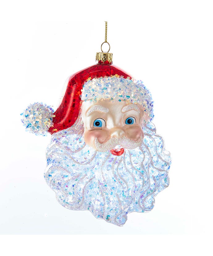 5-inch glass Santa head ornament with a red glitter hat and white iridescent glitter beard.