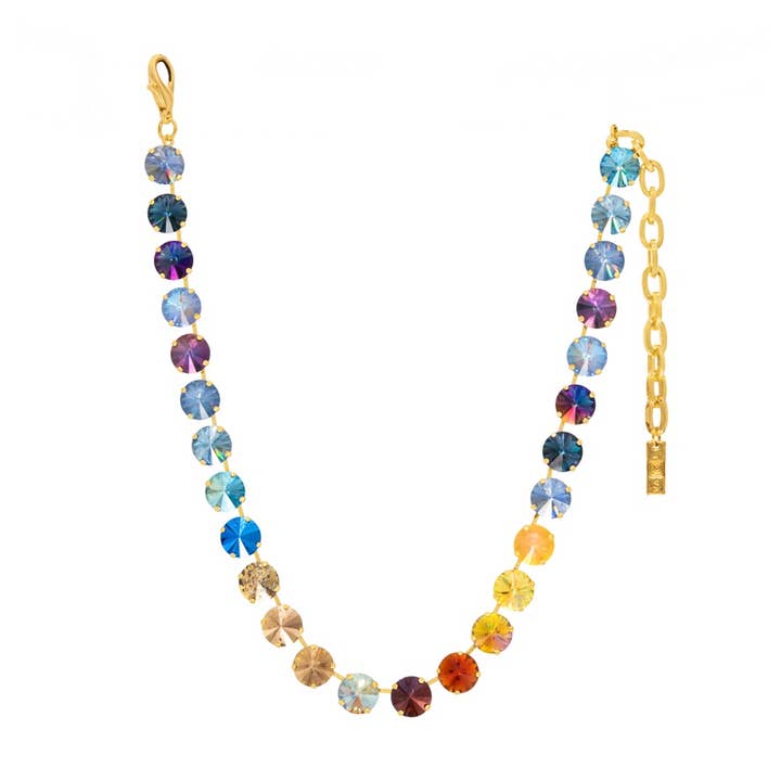 Antique gold-plated brass necklace with glistening crystals on a 12-inch chain.