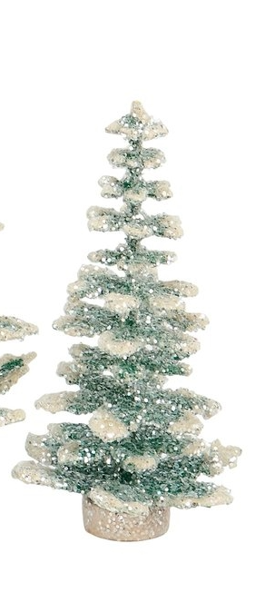Paper Evergreen tree with mica glitter accents in green, standing on a flat surface.