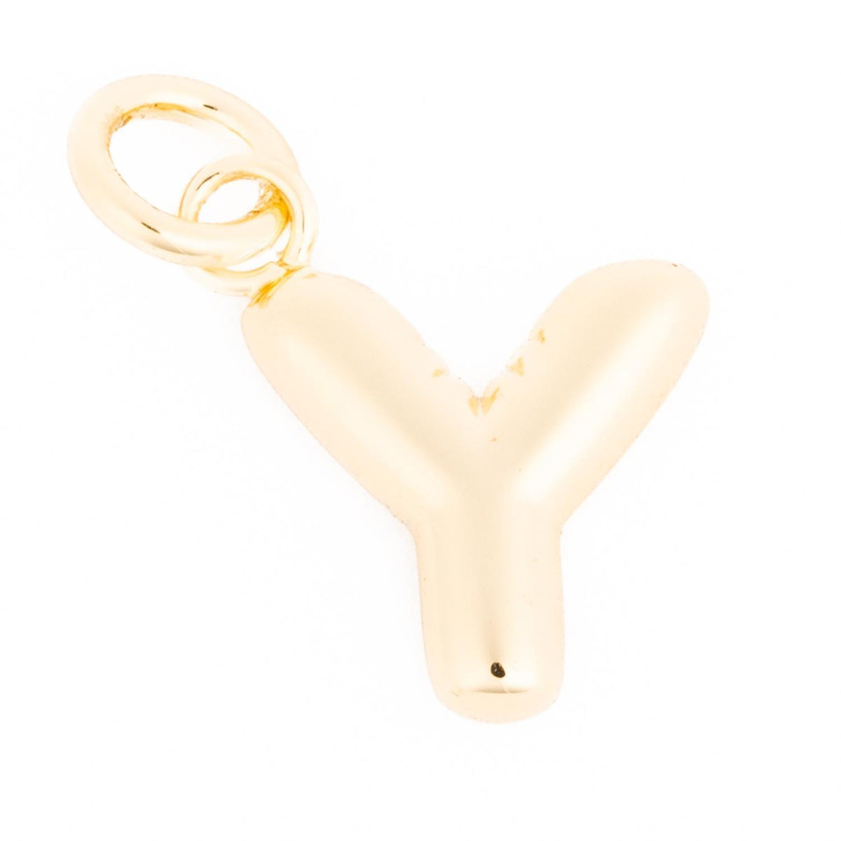 Gold balloon-style letter Y charm with a polished finish and attached jump ring.