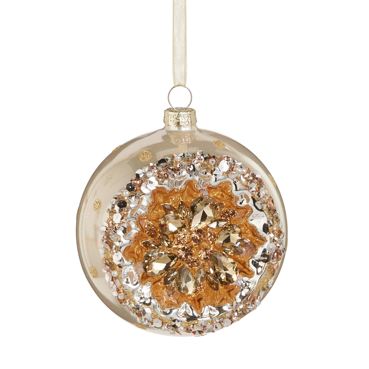 4-inch champagne glass ball ornament with a gold jeweled reflector center and silver glitter trim.