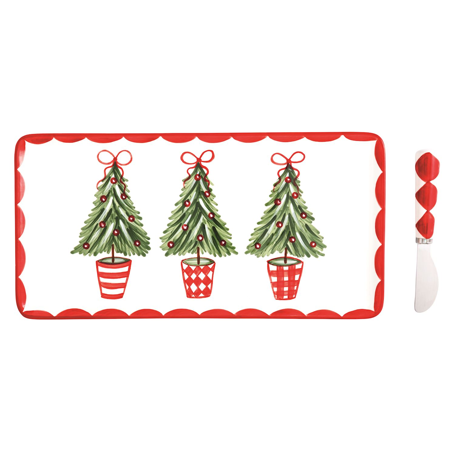 Rectangular ceramic tray with three hand-painted Christmas trees and a matching spreader knife.