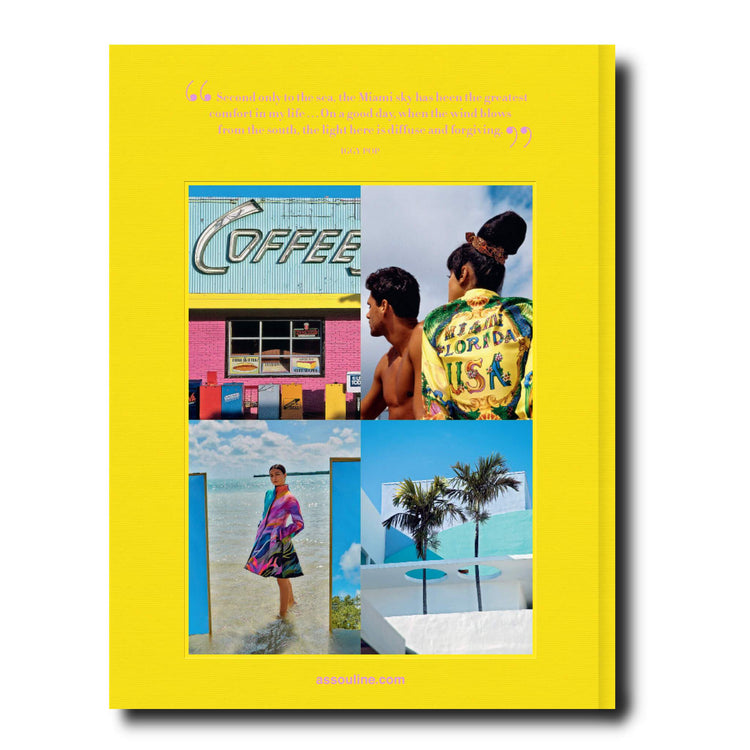 Linen hardcover book titled Miami Beach with a tropical illustration cover.