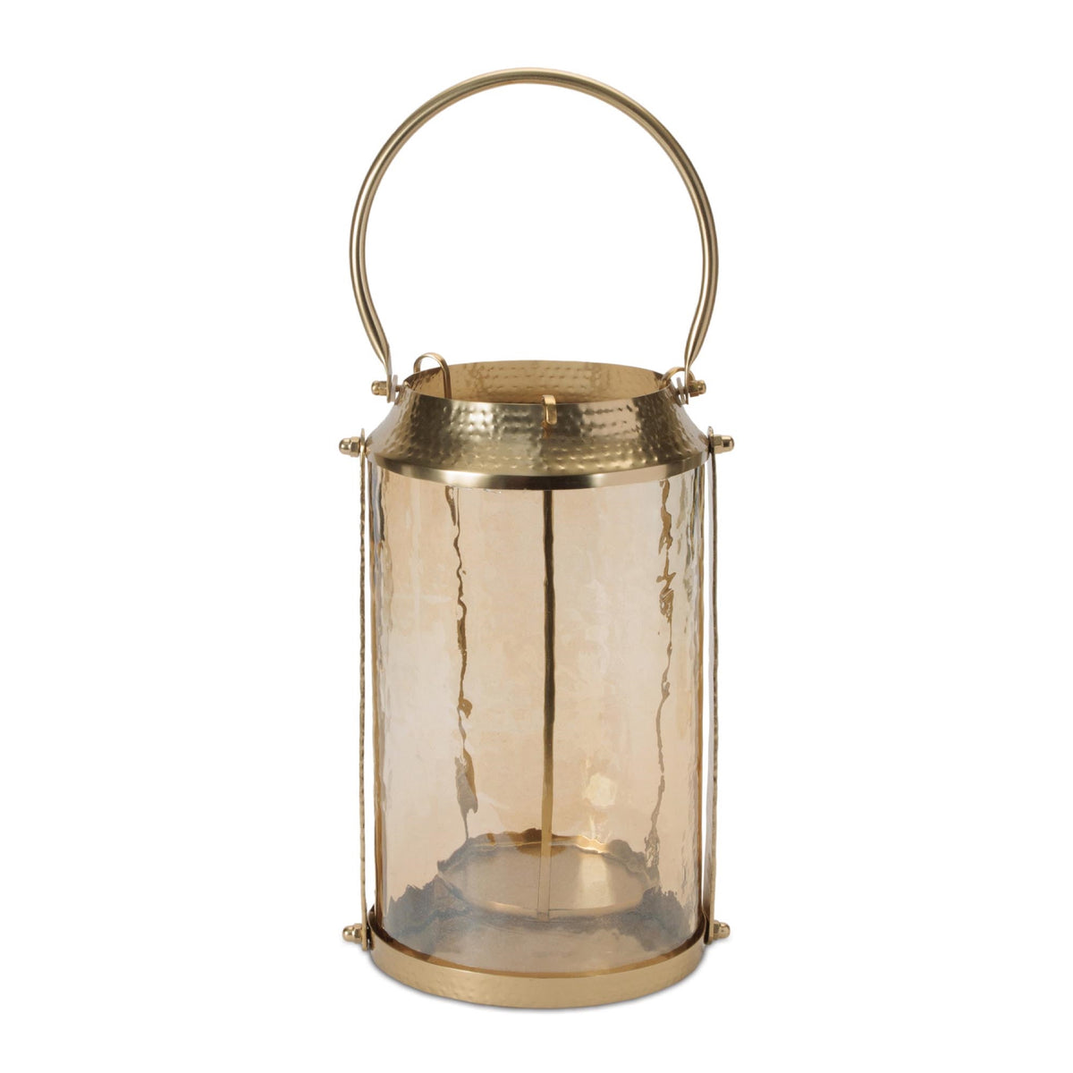 7.25-inch hammered glass lantern with a brushed brass frame and a curved top handle.