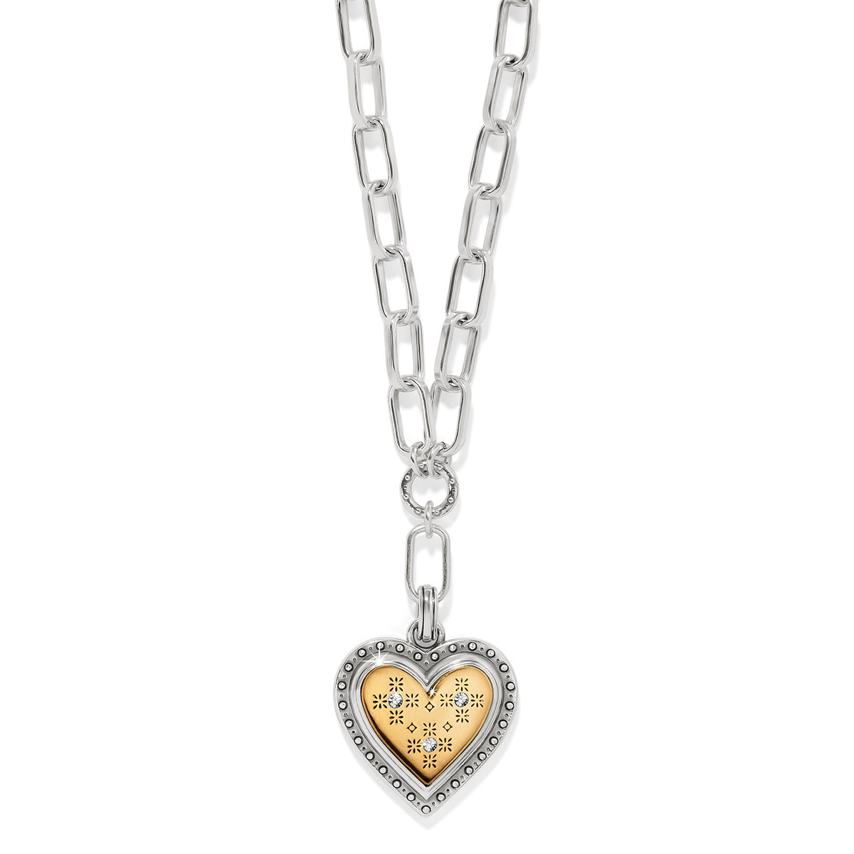 Silver-gold two-tone crystal heart pendant necklace with lobster claw clasp