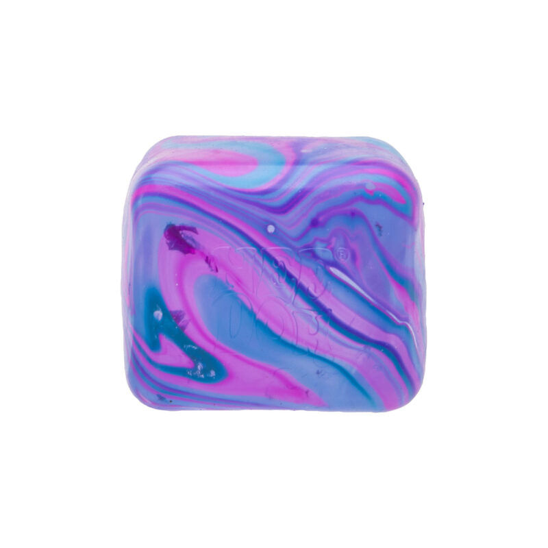A square NeeDoh Nice Cube with a vibrant purple, pink, and blue swirl pattern.