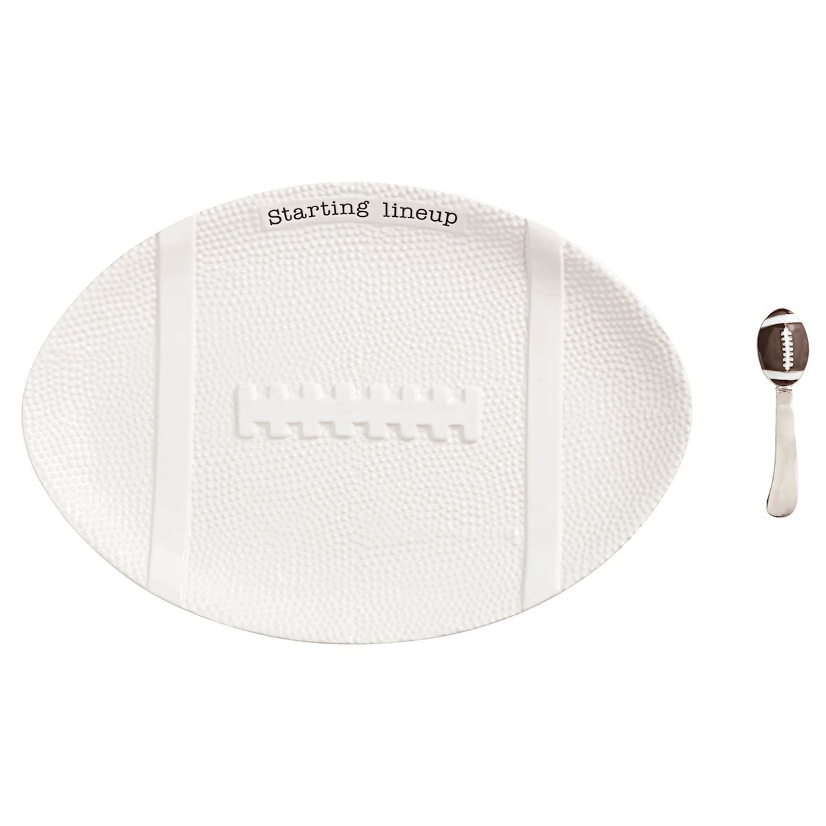 White textured football-shaped platter with 'Starting lineup' text and a football-themed spreader.