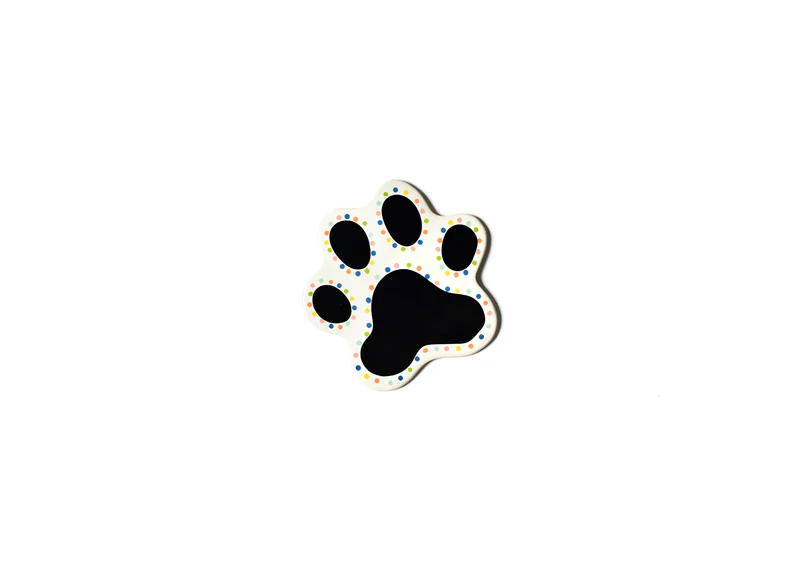 White paw print shaped attachment with black toe beans and colorful polka dot accents.