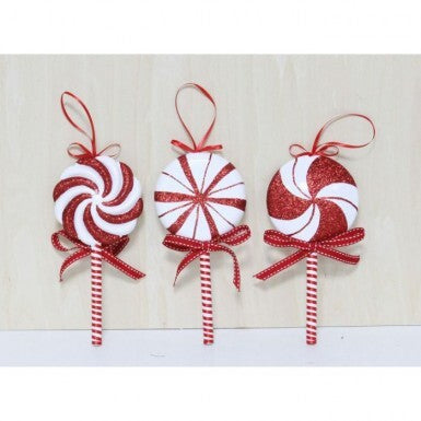 9-inch peppermint lollipop ornament with a candy cane striped pattern on a white stick.