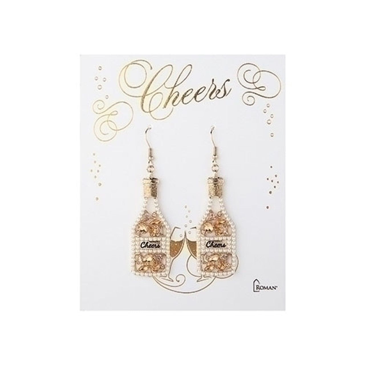 Champagne bottle shaped earrings with a metallic gold finish.