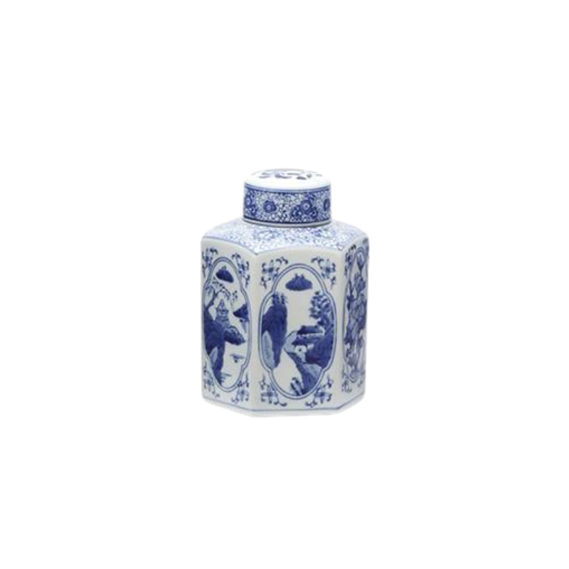 Hexagonal blue and white Canton ceramic tea jar with traditional landscape scenes and floral lid.