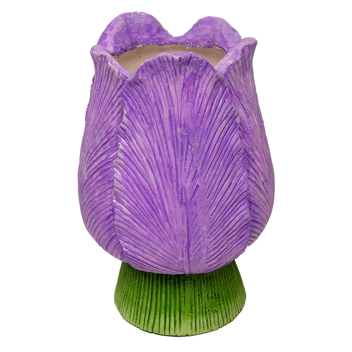 Purple single tulip planter with dimensions 10.5 by 10 inches wide and 15.5 inches tall.