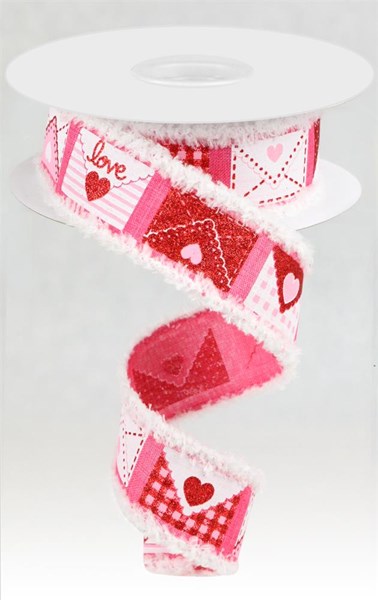 Hot pink polyester fabric with white love letter text print in a rectangular swatch.