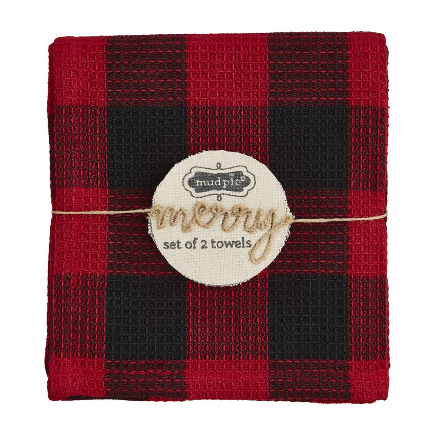 Black cotton waffle weave dishtowel with a white stripe pattern.