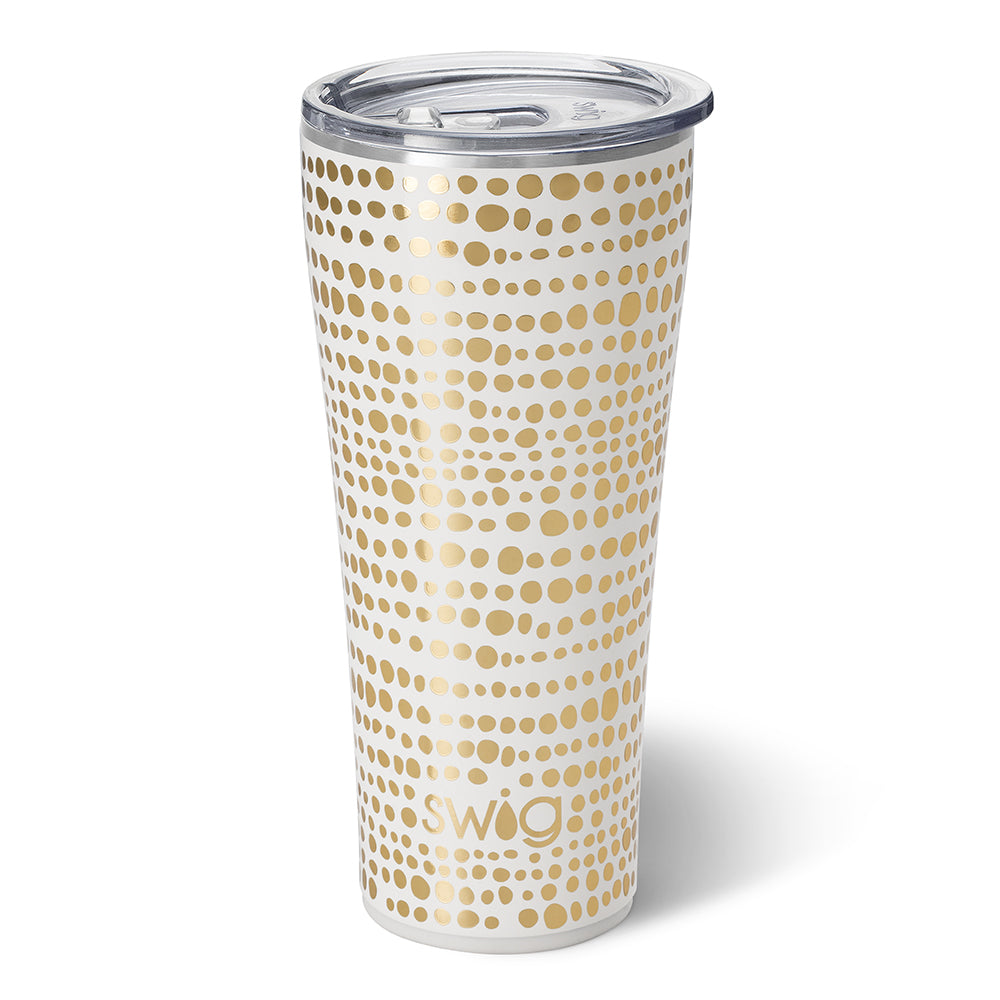 32oz stainless steel tumbler with a white base and gold polka dot pattern and clear lid.