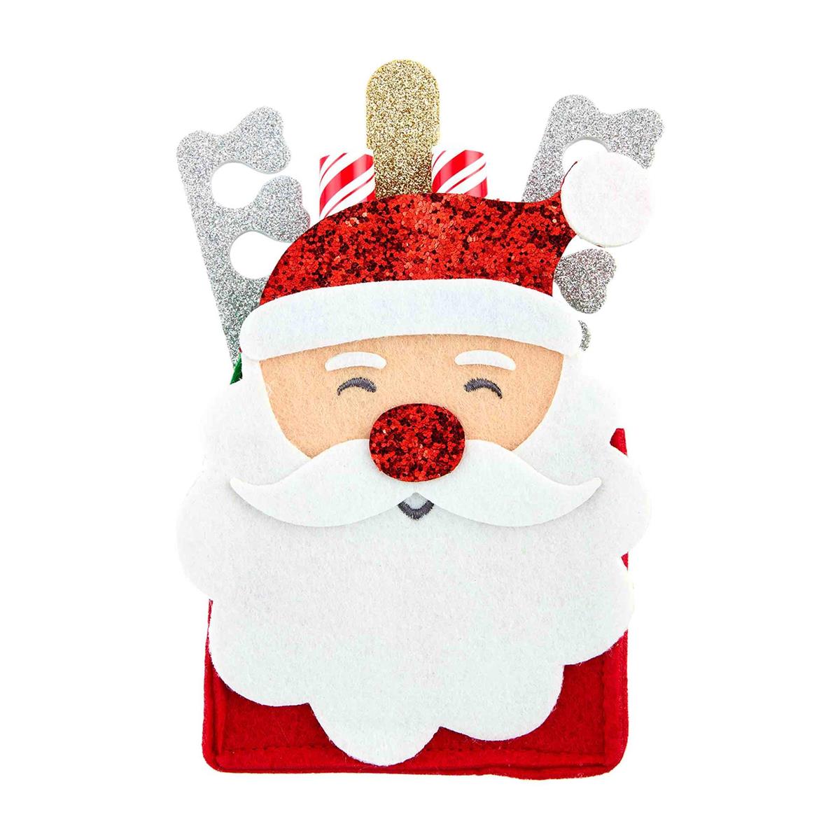 Felt Santa Claus Christmas ornament with glitter accents and candy cane details.