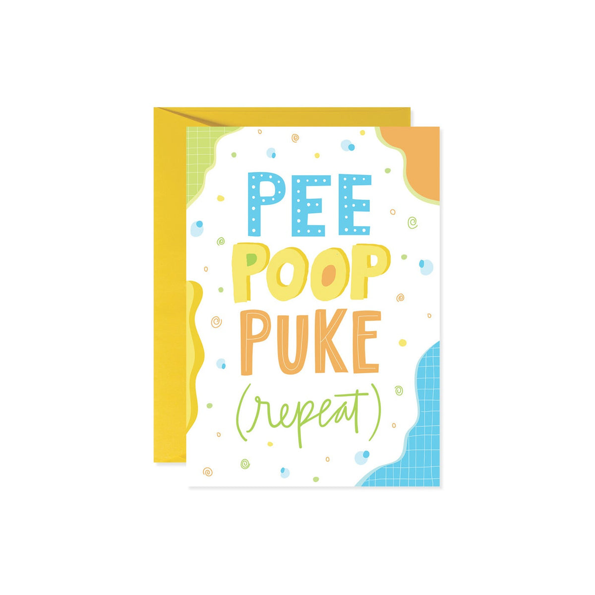 White greeting card with black text reading 'Pee Poop Puke (repeat)' and a note on the inside about new parents.