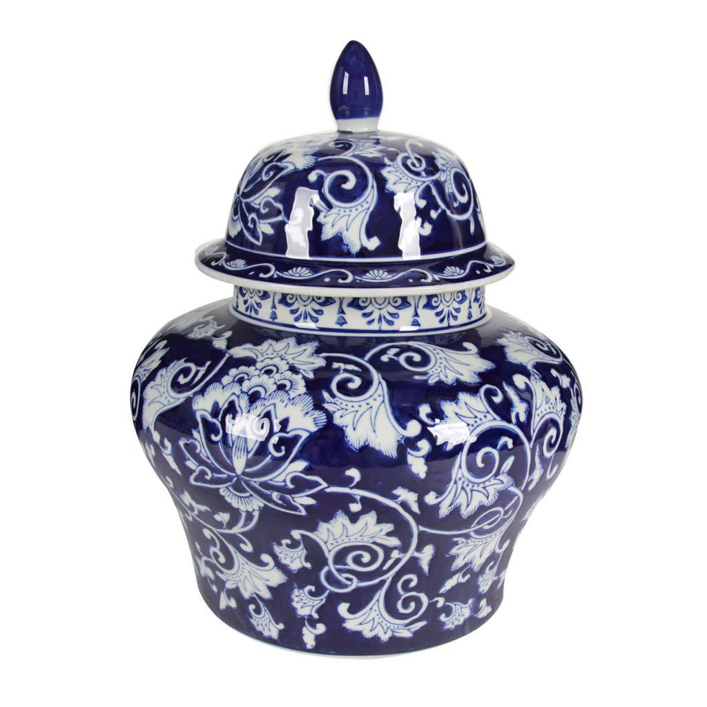 Large Aline Ginger Jar made of blue and white porcelain with floral and scroll patterns.