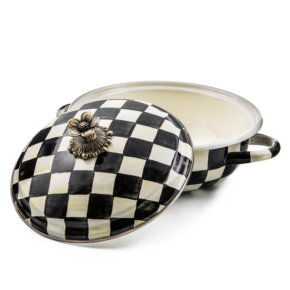 Courtly Check medium casserole dish with hand-painted black and white checks and a brass flower knob.
