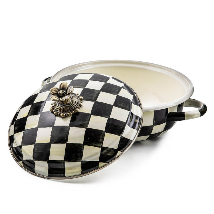 Courtly Check medium casserole dish with hand-painted black and white checks and a brass flower knob.