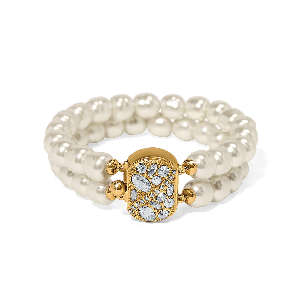 Silver stretch bracelet featuring baroque pearls with gold-plated fine quality crystals.