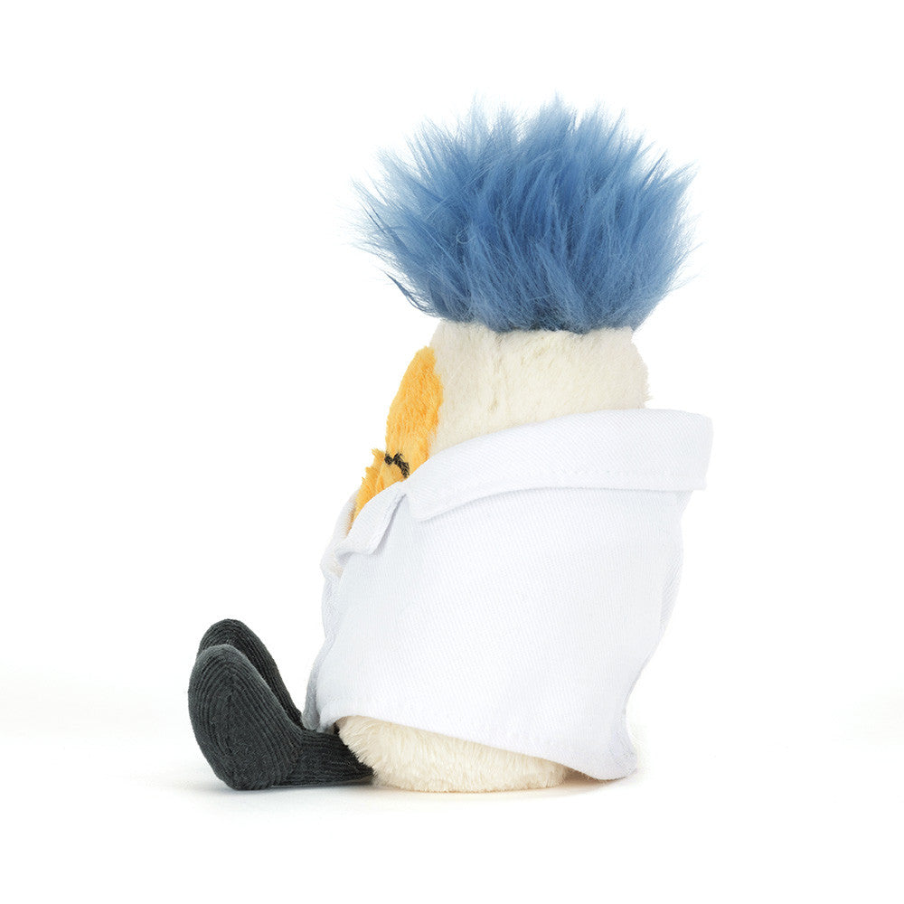 Back view of a plush boiled egg scientist with spiky blue hair and a white lab coat.