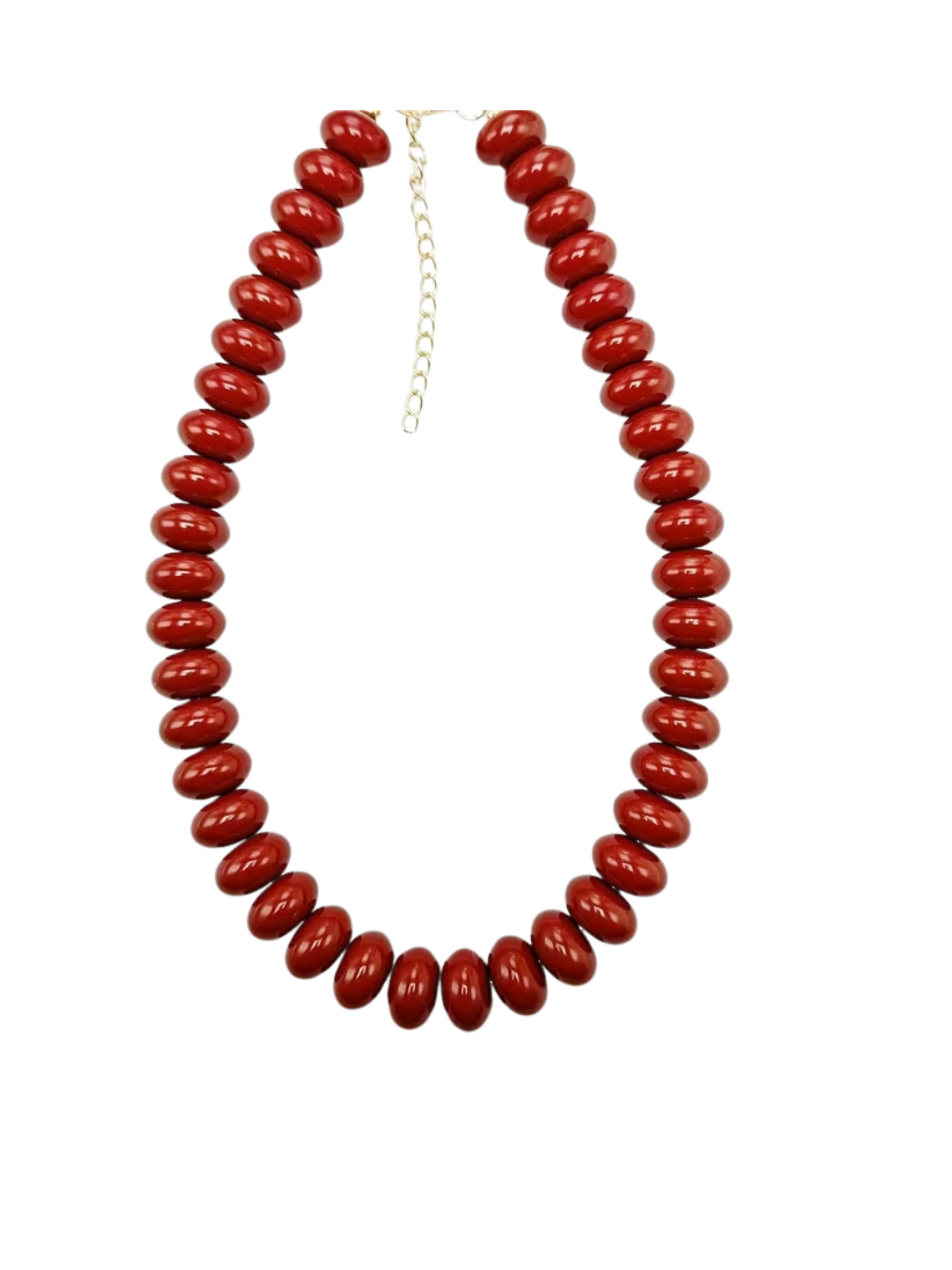 Chunky red flat bead necklace with a gold-tone adjustable chain clasp.