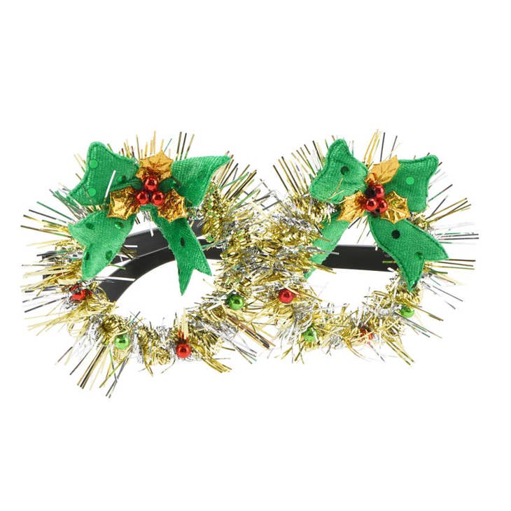 Red plastic Christmas glasses with silver tinsel trim around the rims.