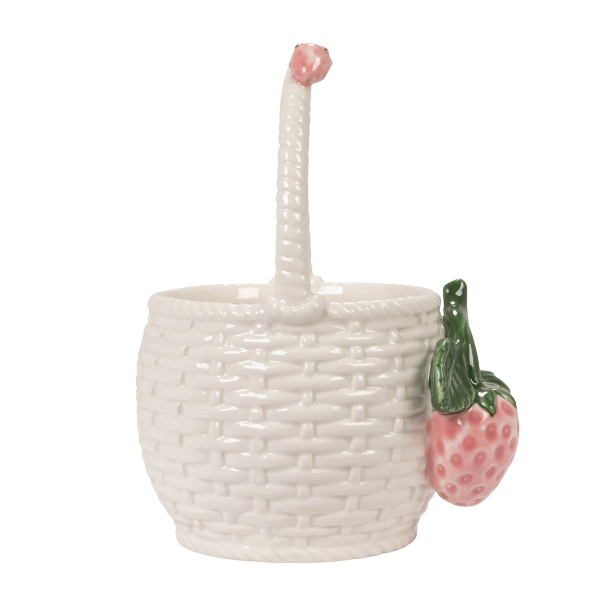 Stoneware basket-shaped container with a handle featuring raised strawberry designs